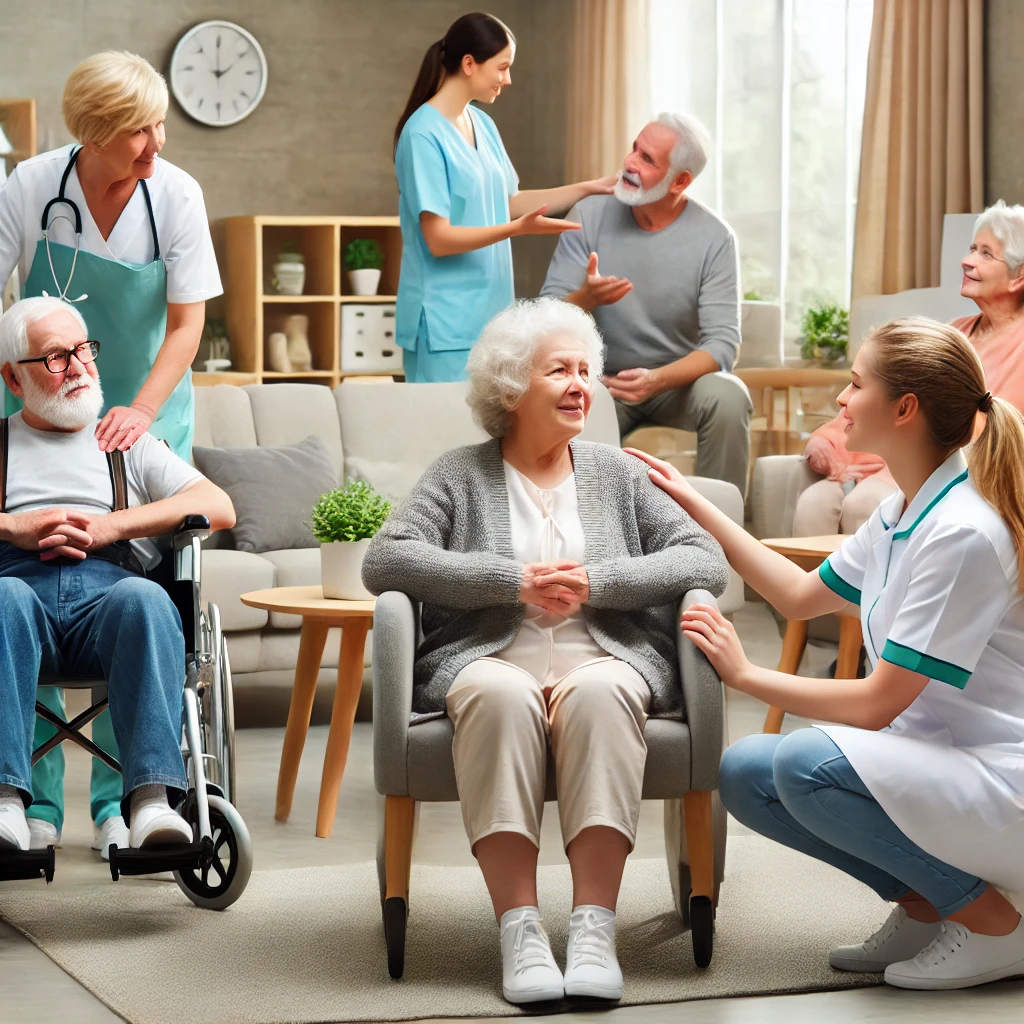 Un trabajador de la salud brinda apoyo emocional a una anciana en un entorno de cuidados paliativos en una residencia de ancianos, destacando el cuidado integral y respetuoso.