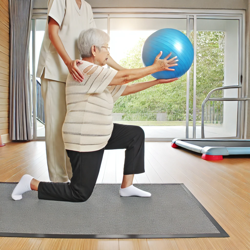 mujer mayor entrenando para recducir el riesgo de caídas